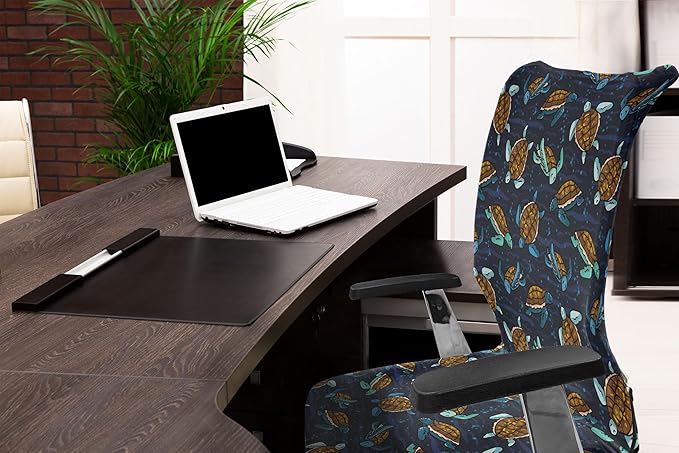Ambesonne Under The Sea Office Chair Cover, Graphical Layout of Sea Turtles Cartoon Ocean Lifestyle, Stretchable Decorative Universal Size High Back Printed Slipcover, Navy Brown