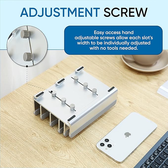 Elestoria 5- Slot Vertical Laptop Stand - Aluminum Laptop Stand Vertical for Desk - Adjustable Width (12-38mm) Fits MacBook Pro/Air, Surface & Gaming Laptops upto 17.3"-Heavy Duty Laptop Holder-Silver