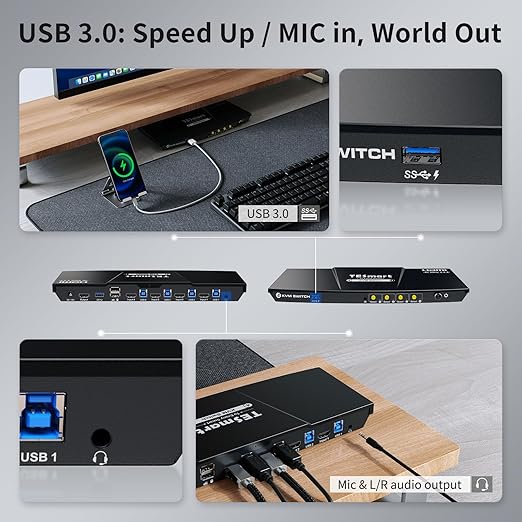 TESmart USB 3.0 HDMI KVM Switch 1 Monitor 4 Computers 4K@60Hz, L/R Audio & Microphone, 4 Port EDID Emulators, Hotkey Switching, Button Switching with Remote Switch and All Input Cables