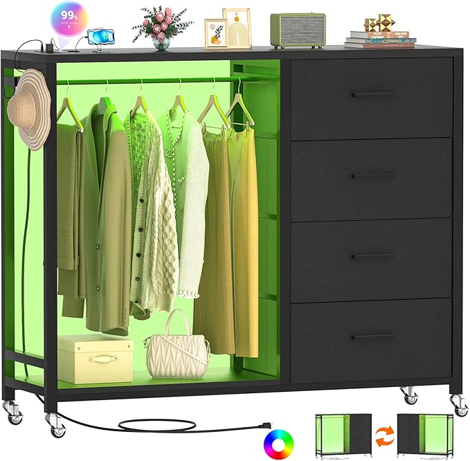 Cyclysio Dresser with Hanging Rack, 4 Fabric Drawers Dresser with Clothes Rack, Wooden Top Storage Chest of Drawers with Charging Station & LED Lights, Lockable Wheels, Closet