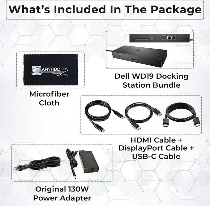Dell WD19 Docking Station Bundle - Dell Dock with 130W Power Adaper + USB-C Cable (Renewed)