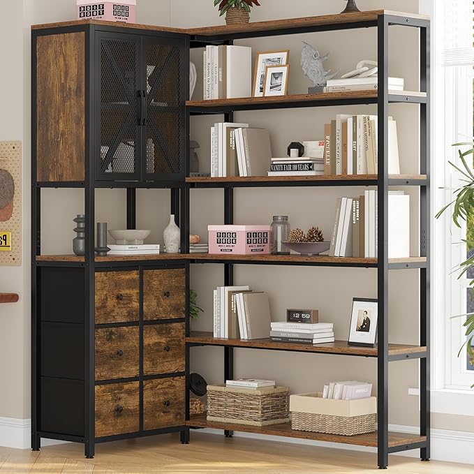 HAUOMS Corner Bookshelf, 6 Tier Industrial Convertible Bookshelf with 6 Fabric Drawers, Corner Bookcase Large L Shaped Storage Display Shelf for Home Office, Living Room, Kitchen, Rustic Brown