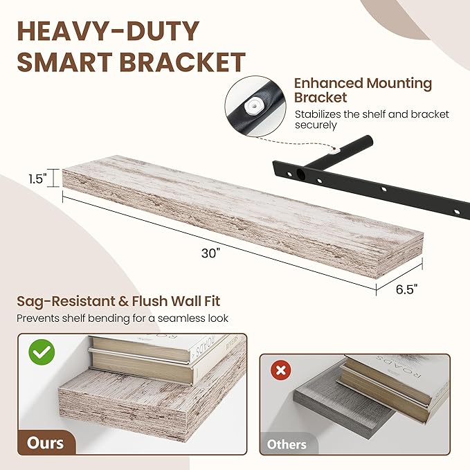 Acovy 30 Inch Floating Shelves for Wall 2 Pack, 30" Wall Shelves for Books, Storage, Decor, Wall Mounted Floating Shelf with Invisible Brackets for Kitchen, Living Room, Rustic
