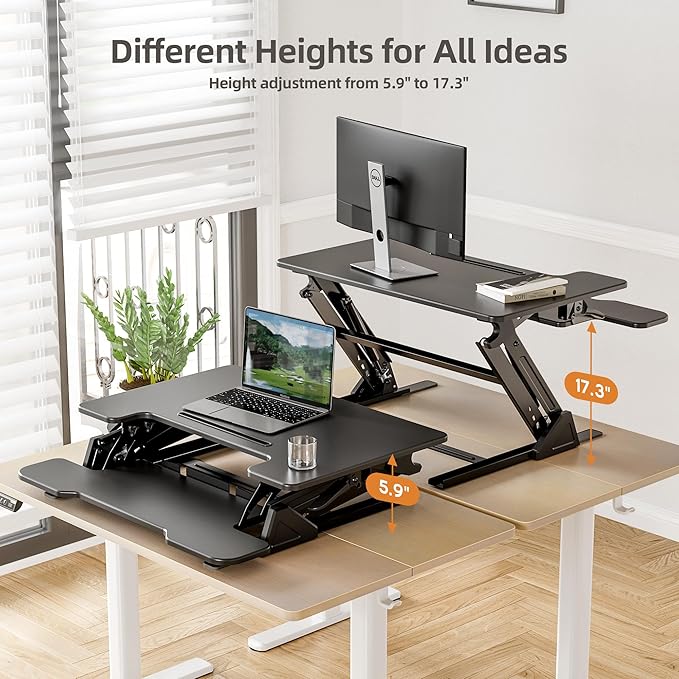 Claiks Standing Desk Converter 32 inch, Height Adjustable Sit Stand Up Desk Riser, Quick Sit to Stand Tabletop Dual Monitor Riser Workstation for Home Office with Keyboard Tray, Black
