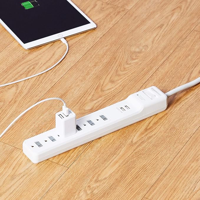 Amazon Basics Power Strip Surge Protector with 6 Outlets, 2 USB Ports, 1000 Joule Protection, 6-Foot Extension Cord, White
