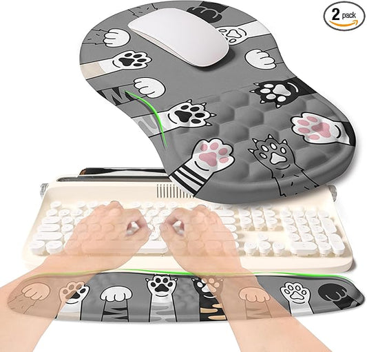 2-in-1 Ergonomic Set, Wave Rise Keyboard Wrist Rest and Massage Bulge Slope Mouse Pad Wrist Support, Cushion Memory Foam Integrated to Relieve Wrist Pain, Cute Cat Paws