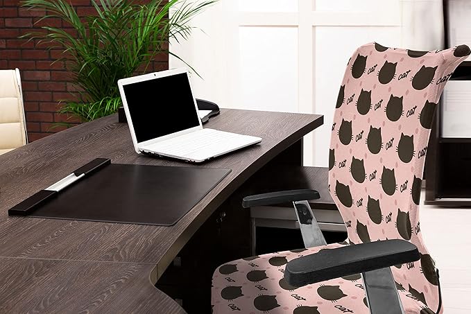 Ambesonne Cat Office Chair Cover, Kitted Head Silhouettes Hand Writing and Dots Design Abstract on Blushy Tone Back, Stretchable Decorative Universal Size High Back Printed Slipcover, Seal Brown Coral