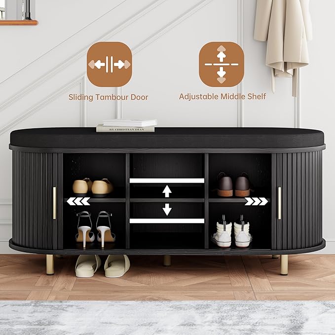 DHH 2-Tier Storage Bench,Wide Shoe Bench with Thickened Padded Seat Cushion, Mid Century Modern Fluted Sliding Door and Adjustable Shelf, for Entryway, Living Room, Bedroom (Black, 43.3“)