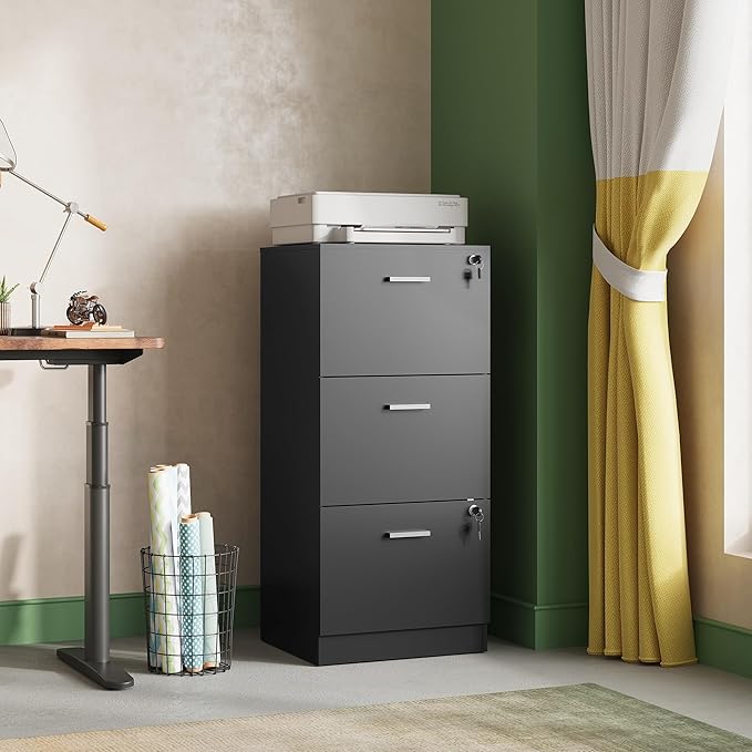 DEVAISE 3 Drawer File Cabinet with Lock, Vertical Wood Filing Cabinet for Office Storage, Printer Stand for Filing Cabinets for Home Office, Black