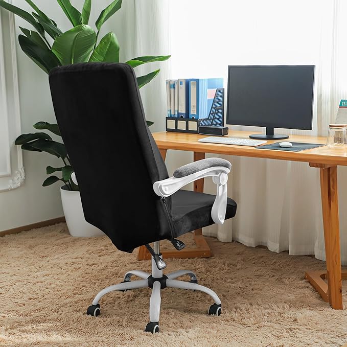 FORCHEER XL Velvet Office Chair Cover with Arms Black Stretch Executive High Back Computer Chair Slipcover 1 Piece Washable Removable