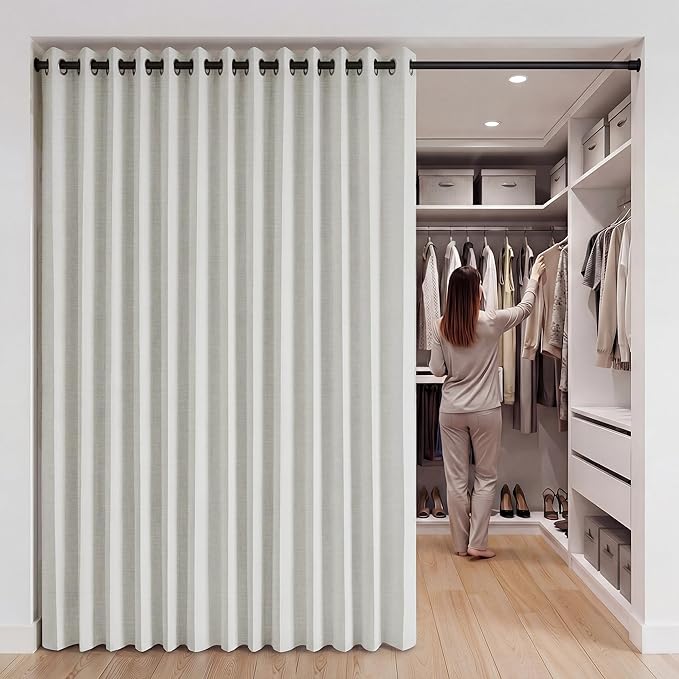 RYB HOME Accordion Style Room Divider Curtain-100% Blackout Folding Accordion Curtain for Sliding Glass Door/Bedroom, Privacy Assurd Living Room/Office Drape 1 Panel with Tieback, W100 x L96, Beige