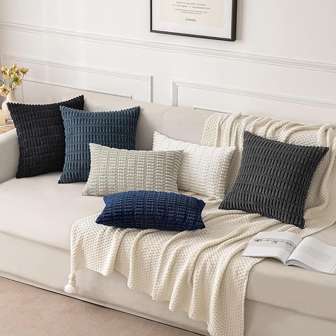 MIULEE Pack of 2 Corduroy Decorative Lumbar Throw Pillow Covers 20x12 Inch Soft Boho Striped Pillow Covers Modern Farmhouse Home Decor for Sofa Living Room Couch Bed Pure White