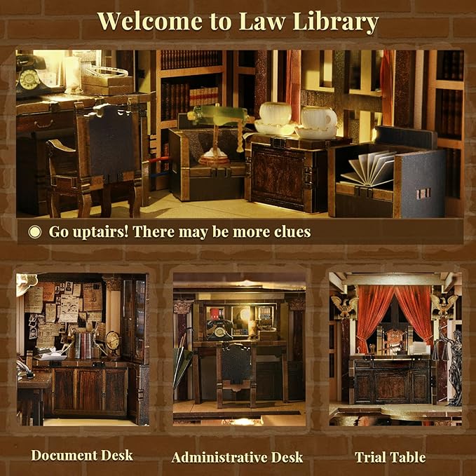 MiniCity DIY Book Nook Kit, Miniature Dollhouse Booknook Kit, 3D Wooden Puzzle Bookend Bookshelf Insert Decor with LED Light for Teens and Adults (Law Library)