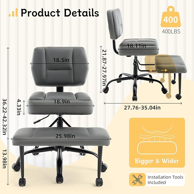 Criss Cross Legged Office Chair with Wheels,Swivel Meditation Chair for ADHD,Ergonomic Cross Legged Desk Chair with Thicken Adjustable Footstool,PU Sitting Fidgeting Kneeling Chair for Home Yoga Grey