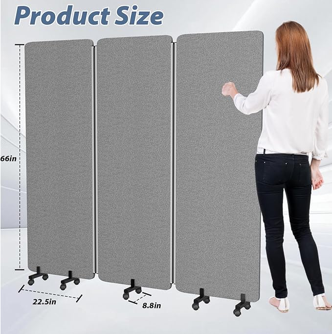 Room Divider Soundproof Privacy Panel with Wheels, 3 Panel Wall Divider (Aluminum Frame) for Room Partition, Folding Room Dividers Space Separation Office Cubicle Wall Divider Sound Proof Separator