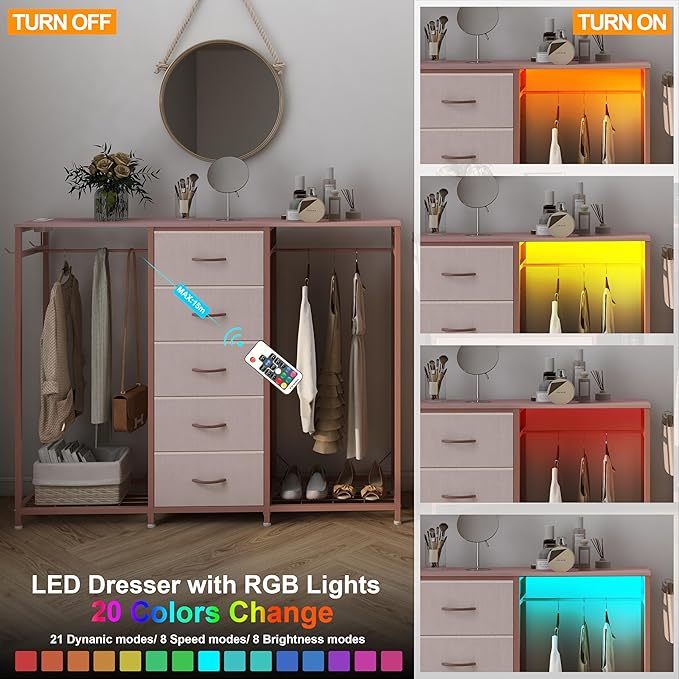 Espelism Dresser for Bedroom with Clothes Rack 5 Drawer Dresser with Charging Station LED Lights White Chest of Drawers Flexible Shelf and Open Storage Space for Bedroom Living Room (Pink)