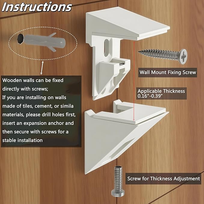 Adjustable Shelf Bracket, Zinc Alloy Wall Mount for Wood & Glass Shelves, for 0.16-0.39 Inch Thick, Floating Shelf Support, 2Pcs White, Glass Panel Holder