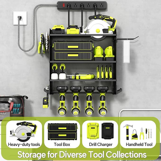 4 Layer Heavy Duty Power Tool Organizer Wall Mount with Charging Station, Adjustable Metal Storage Rack, 6 Outlets Strip, Drill Holders, Hooks & Drill Bit Rack for Garage, Workshop, Black