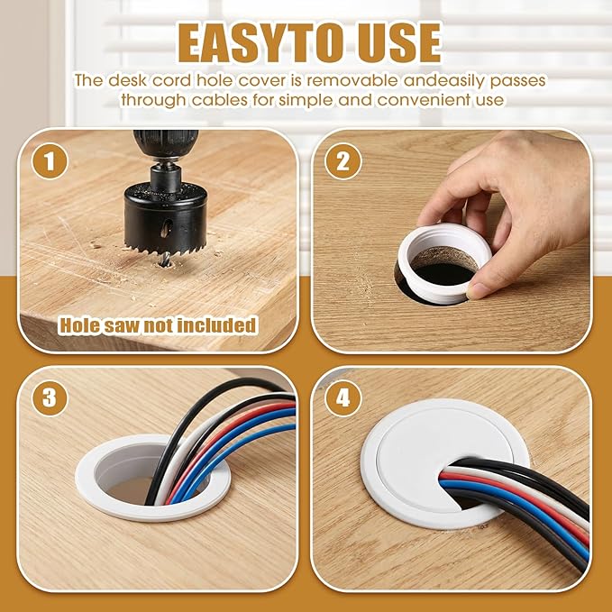 SATINIOR 10 Packs Desk Grommet Plastic Cable Hole Cover to Arrange Wires & Cords PC Desk Cord Wire Organizer Caps Desktop Cord Management Grommet for Home Office Table Desktop (2 Inch,White)