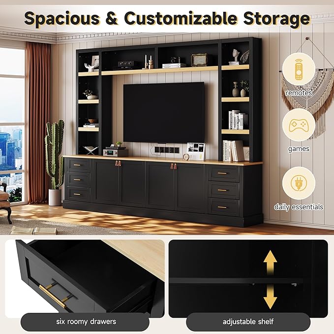 102.3"W Farmhouse 4-Piece Entertainment Center Wall Unit with Adjustable Shelves, Modern Large TV Stand with Bookshelves for TVs Up to 75", Rustic Media Console with 6 Drawers for Living Room, Black