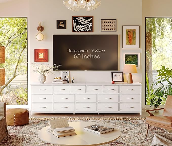 Huuger 77.6" Long Dresser for Bedroom, 16 Drawer Fabric Dresser for Closet, Wide Chest of Drawers with Storage, TV Stand for 65, 75, 85 Inch TV, 77.6" W x 12.9" D x 26.7" H, White