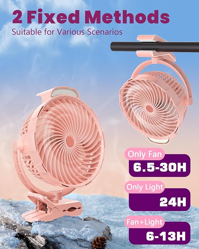 10000mAh Clip on Fan, 8-Inch Golf Cart Fan Rechargeable with LED Light, 9 Speeds Strong Airflow, Ultra Quiet, 30Hrs Runtime, 360° Rotation, Cooling for Bed Camping Office Desk Dorm, Pink