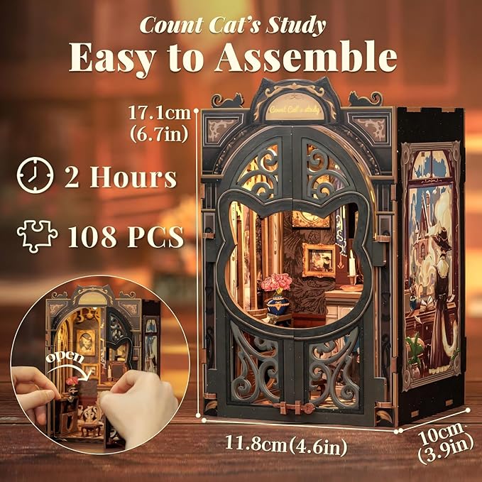 Fsolis Book Nook Kit Cat DIY Miniature Dollhouse Kit, 3D Wooden Puzzles for Adults, 108 Pieces, Bookshelf Diorama Mini Building House, Gift for Women Readers Book Lovers (Count Cat's Study)