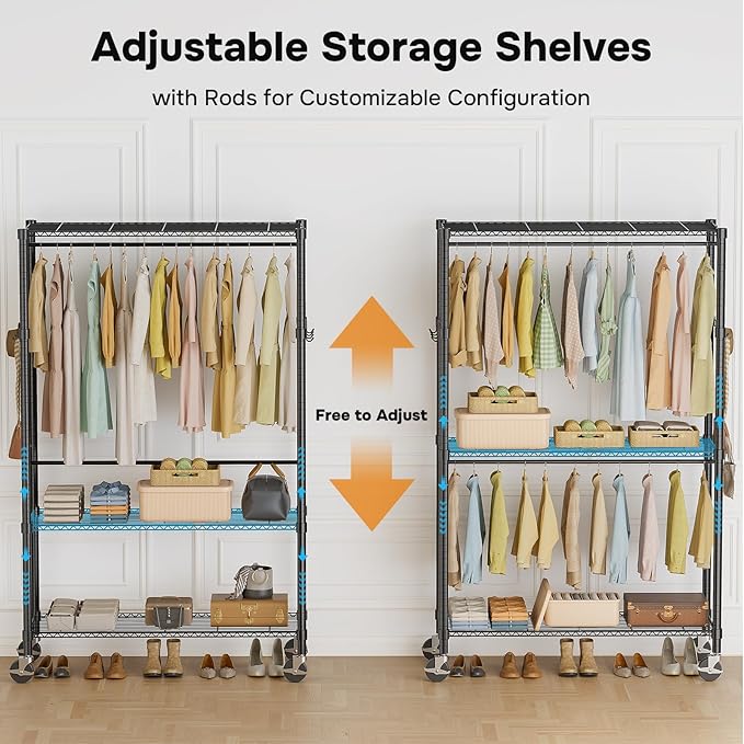 Simple Deluxe Rolling Clothes Rack, Heavy Duty Clothing Rack, 3-Shelf Portable Adjustable Wardrobe Closet with Wheels, Hanging Rods & Side Hooks, 43.3" W x 17.7" D x 80.3" H, Black