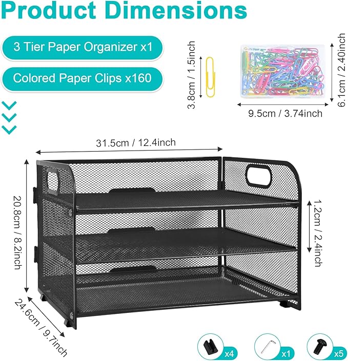 SAYEEC 3 Tier Paper Organizer Letter Tray with Handle Black Mesh Desk File Organizer with 1 Sliding Tray and 160 Paperclips Metal File Folder Holder Document Mail Paper Sorter for Office Home School