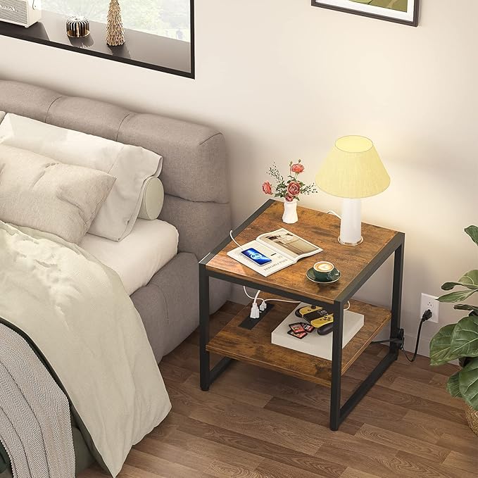 Homieasy End Table with Charging Station, 20" Mini Fridge Stand with Power Outlets, Heavy Duty Side Table for Living Room, Small Table Stand & Fridge Table, Rustic Brown