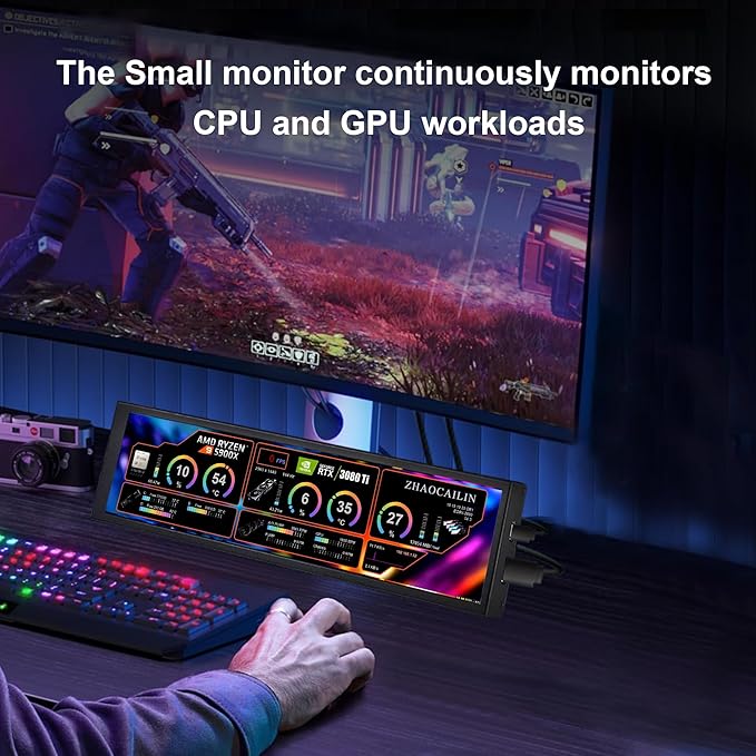 8.8 Inch FHD Computer Secondary Screen IPS 1920x480 LCD Display CPU Temperature Monitor with Casing for Computer Case Temperature Windows macOS Aida64 CPU GPU Monitor
