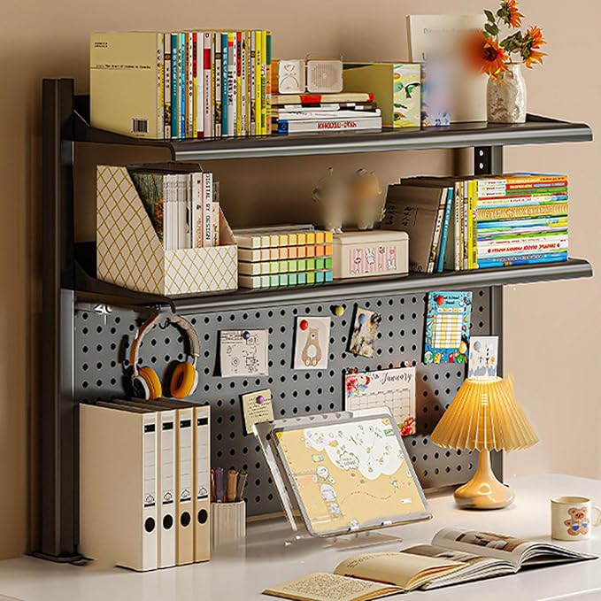 Clip-On Desktop Shelf for Home Office Storage, Clamp On Desk Organizer Shelf Clip On Shelving Unit with Perforated Board and Hooks, Storage Box,Blackclip Style2 Layers60X65Cm