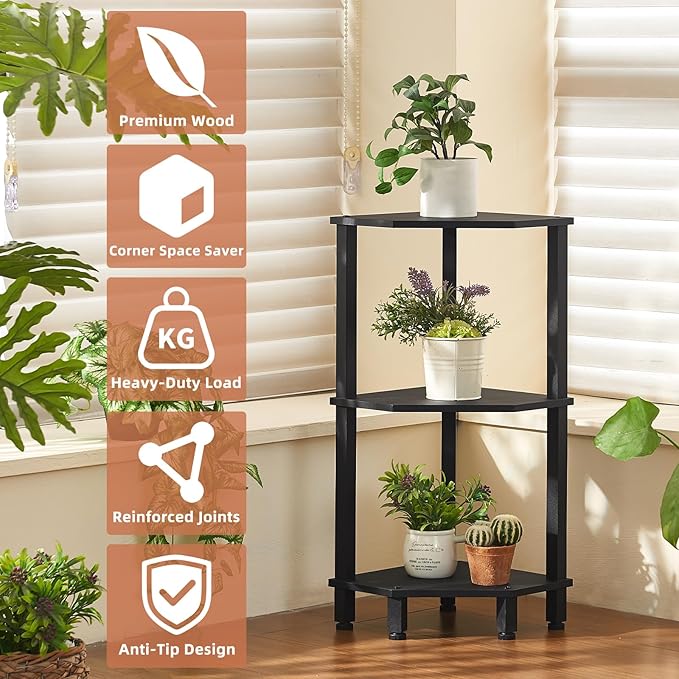 YUFAM 3-Tier Corner Shelf with Sturdy 5-Leg Base, 28in Tall Narrow Bookcase for Small Spaces, Wooden Plant Display Shelf, Thin Bookshelf for Living Room, Bedroom, Office, Black