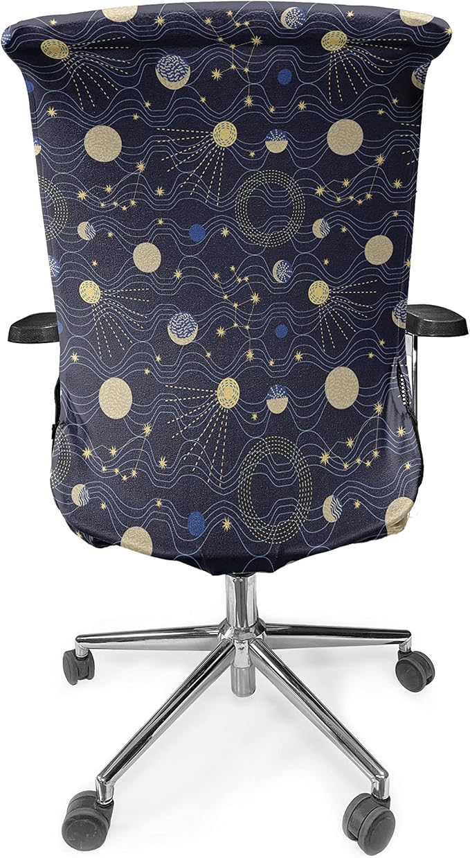 Ambesonne Night Sky Office Chair Cover, Retro Style Sky Illustration with Cosmic Elements, Stretchable Decorative Universal Size High Back Printed Slipcover, Indigo Brown