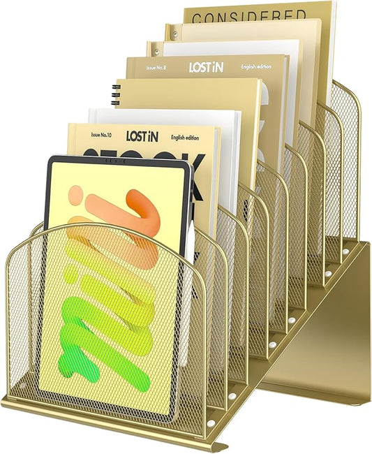 Inclined Desk File Organizer Metal Desk Magazine Folder Holder with 8-Section Vertical Compartments Rack File Organizer for Office, Home, School, Gold