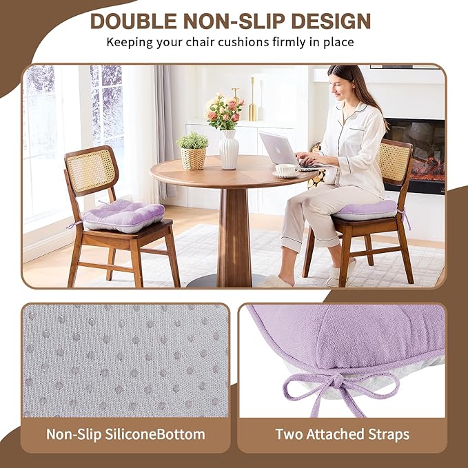 BETU Chair Cushions for Dining Chairs Set of 4,3.5" Thick Kitchen Table Chair Pads with Ties,Non Slip Backing and Covers, Seat Cushion for Dining Room,Bar,Patio Chairs,15.5"X15.5"X3.5",Purple