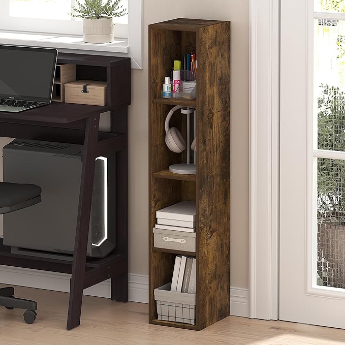 Furinno Fulda Book Shelf, 4-Tier Narrow Bookshelf, Standing Bookcase with 8-in Width Storage Shelf, 9.3 x 7.9 x 41.6, for Organization and Storage, for Living Room, Bedroom, Home Office, Amber Pine