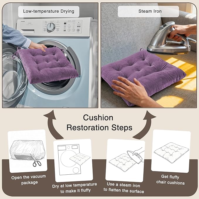 OVOV 1 Pack Chair Cushions for Dining Chairs Soft Seat Cushions for Kitchen Desk Chairs Square Chair Pads with Ties (15.5"x15.5" Purple)