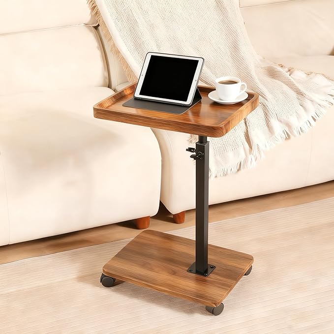 Adjustable Height Couch Tables that Slide Under Sofa, 360° Swivel Modern Tv Tray Table with Wheel, C Shaped End Table for Couch, C Table for Small Place, Perfect for Livingroom, Bedroom