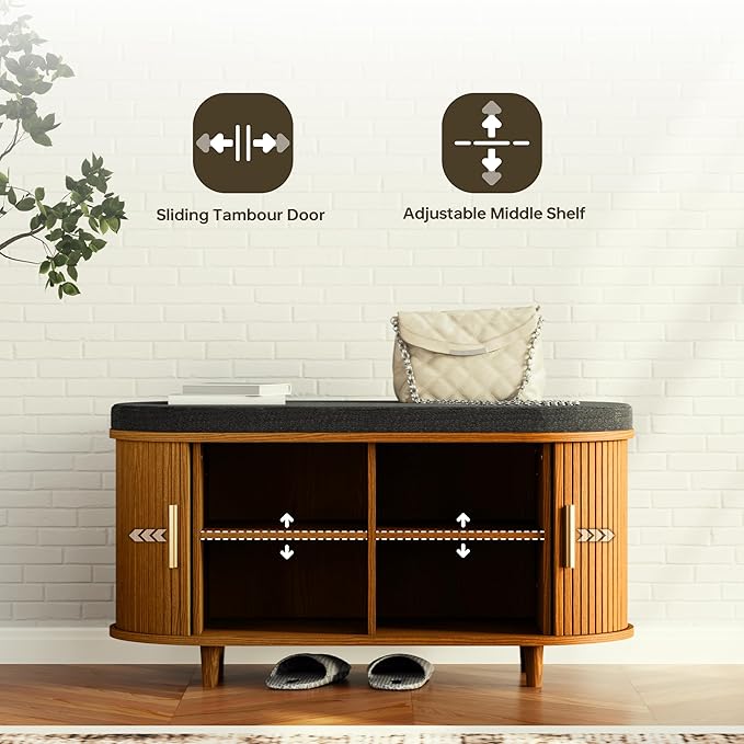 DHH 2-Tier Storage Bench,Wide Shoe Bench with Thickened Padded Seat Cushion, Mid Century Modern Fluted Sliding Door and Adjustable Shelf, for Entryway, Living Room, Bedroom (Yellow Walnut, 35.4“)