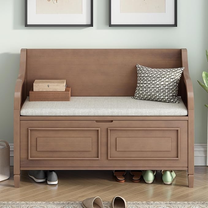SOFTSEA 41.9" Storage Bench with Back, Entryway Shoe Bench with Cushion & Lift Top Storage, Rustic Shoe Storage Cabinet with Cushioned Seat for Entryway, Bedroom, Living Room (Brown)