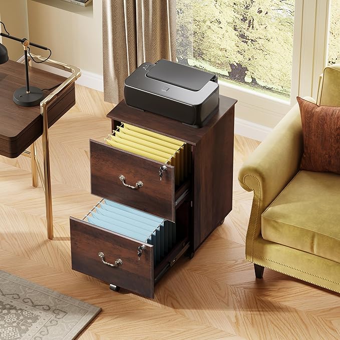 DEVAISE File Cabinet 2-Drawer, Small Office Furniture with Lock, Rolling Under Desk Filing Cabinet for Home Office, Brown Oak