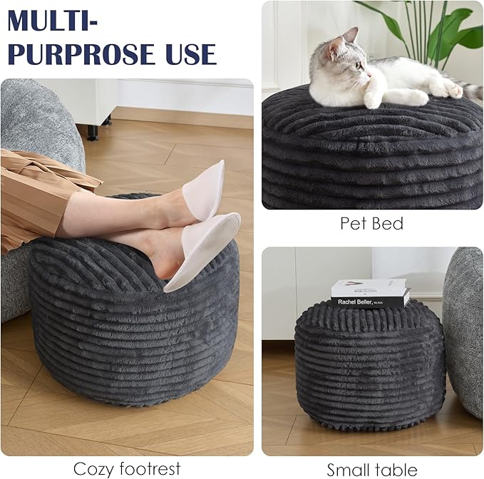 SHOUREN Stuffed Round Pouf Ottoman,Corduroy Foot Rest with Shredded Foam Filling, Lightweight and Fluffy Pouf Storage Ottoman for Living Room,Floor Poufs for Couch,20"x15", Dark Grey