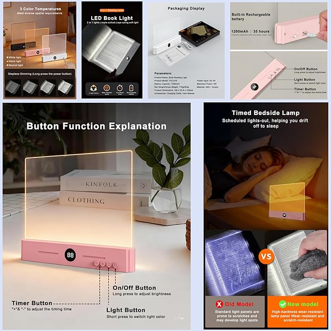 LED Flat Book Light for Reading in Bed, Eye Care Stepless Dimmable Reading Lamp with 1-99 Min Auto-Off Timer, Portable USB Rechargeable 1200mAh Battery for Night Time & Travel (Rose Gold)