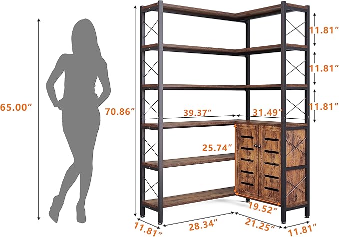 Wildhome 6-Shelf Corner Bookshelf, Vintage Industrial Corner Shelf Etagere Bookcase, Large Book Shelf with Metal Frame Open Storage Corner Cabinet (Brown-Lockers)