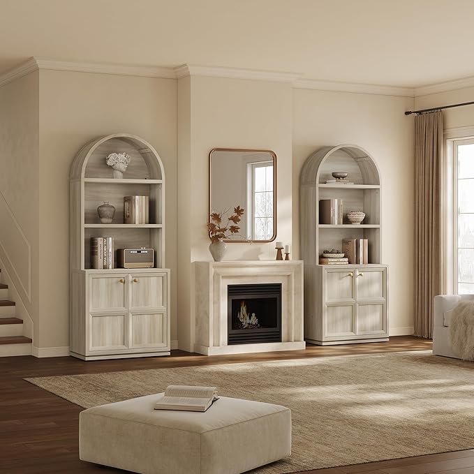 SICOTAS 81" Arched Bookcase, Large Book Shelf with Storage, Modern 5-Tier Arched Cabinet with Adjustable Shelves & Cable Management for Home Office Library Living Room Kitchen, Grey White Oak, 2 PCS