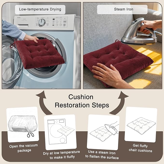 OVOV 6 Pack Chair Cushions for Dining Chairs Soft Seat Cushions for Kitchen Desk Chairs Square Chair Pads with Ties (15.5"x15.5" Burgundy)