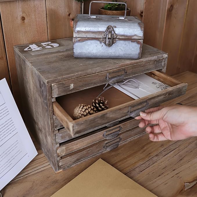 Vintage Wooden Desk Organizer Cabinet with 6 Drawers - Rustic Farmhouse Distressed Decor - Home Office Desktop Storage Box for Jewelry, Craft Paper, Small Tool & More (Log Color)