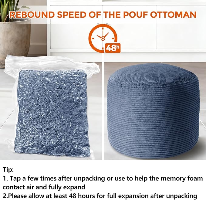 26" x 26" x 18" Pouf Ottoman Foot Rest, Pre-Stuffed Round Foot Stool with Odorless Shredded Memory Foam, Furry & Fluffy Corduroy Footrest for Living Room, Navy