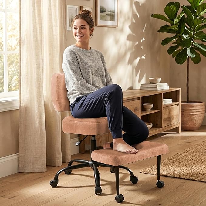 Ergonomic Criss Cross Legged Office Chair, ADHD Chair, 360° Swivel Meditation Kneeling Chair with Wheels, Adjustable Footrest, Bigger & Wider Height Adjustable Seat, Strong Lumbar Support, Browncloth